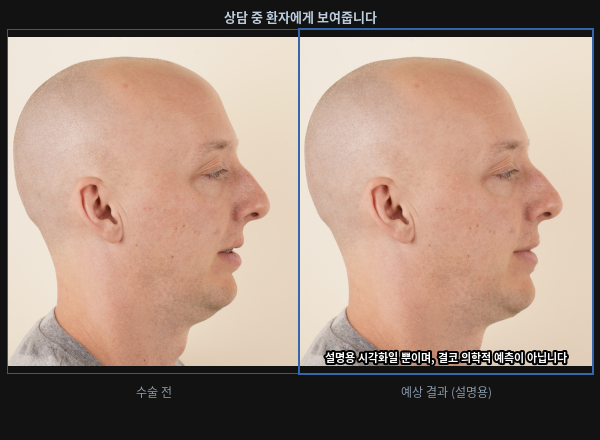 환자에게 보여주는 결과: 수술 전 사진과 설명용 예상 이미지의 나란한 비교